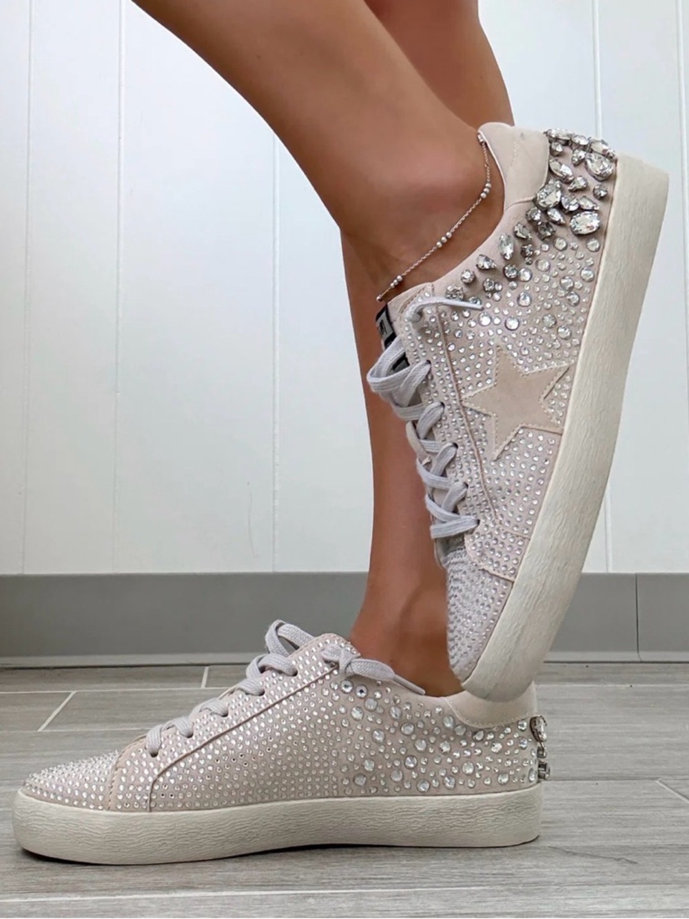 Miim Crystal-Embellished Low-Top Sneakers in Light Beige